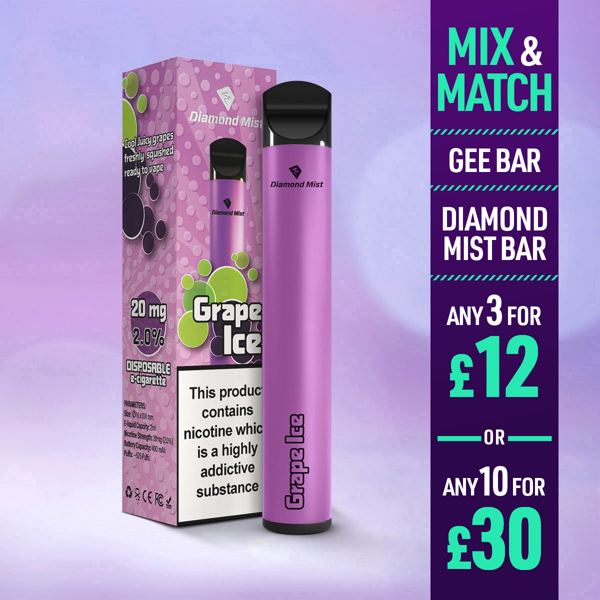 Diamond Mist Bar Disposable Vape Grape Ice 20mg