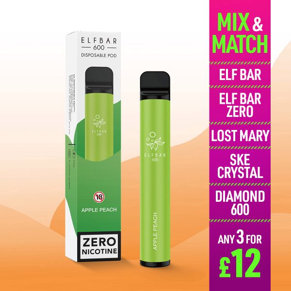 Elf Bar 600 Disposable Vape Zero Nicotine Apple Peach