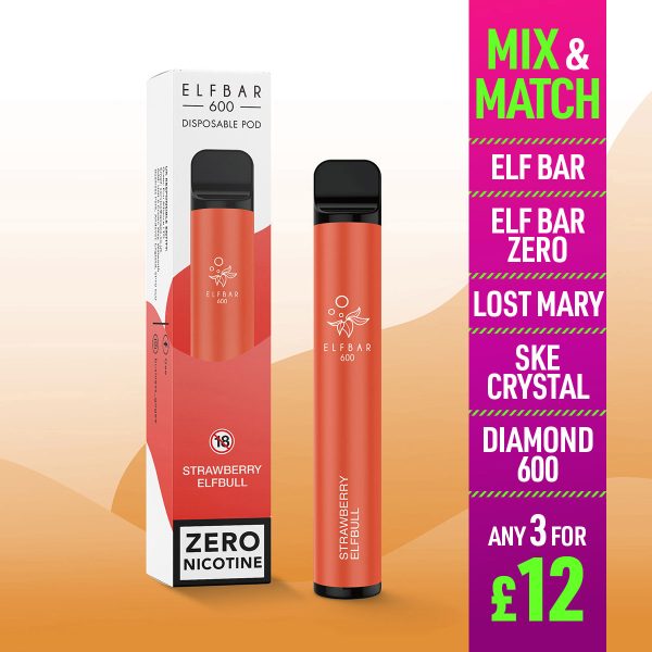 Elf Bar 600 Disposable Vape Zero Nicotine Strawberry Elfbull