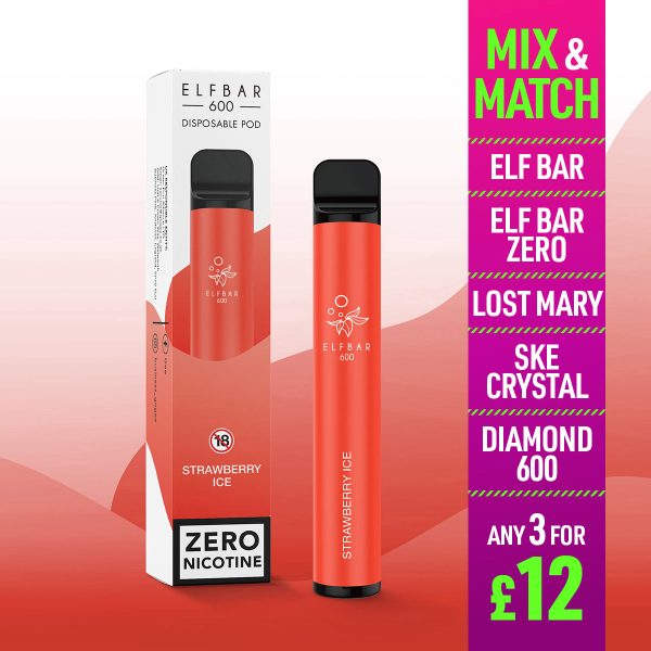 Elf Bar 600 Disposable Vape Zero Nicotine Strawberry Ice