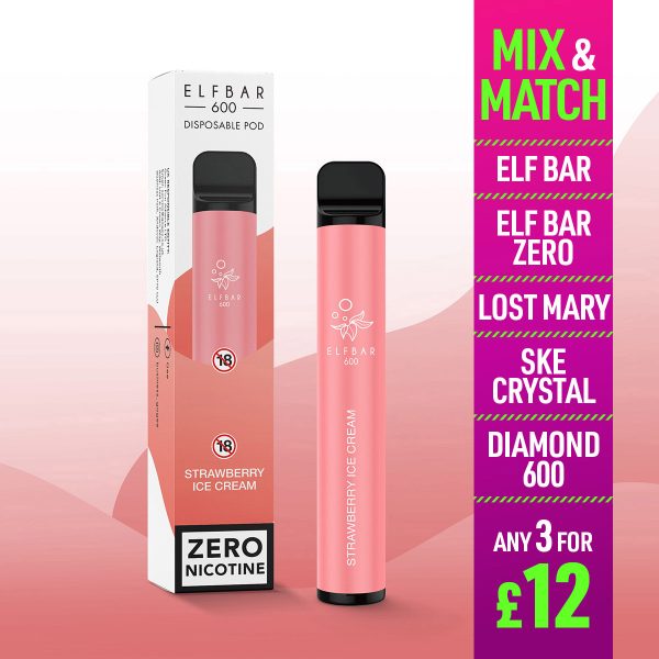 Elf Bar 600 Disposable Vape Zero Nicotine Strawberry Ice Cream