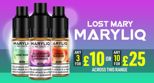 Lost Mary MaryLiq, 50PG/50VG, 3 for £10, 10 for £25, cheap vape juice, lost mary